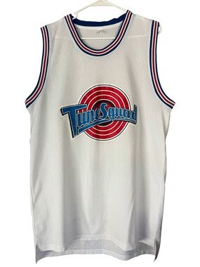 Tune Squad White Basketball Jersey with Red & Blue Logo